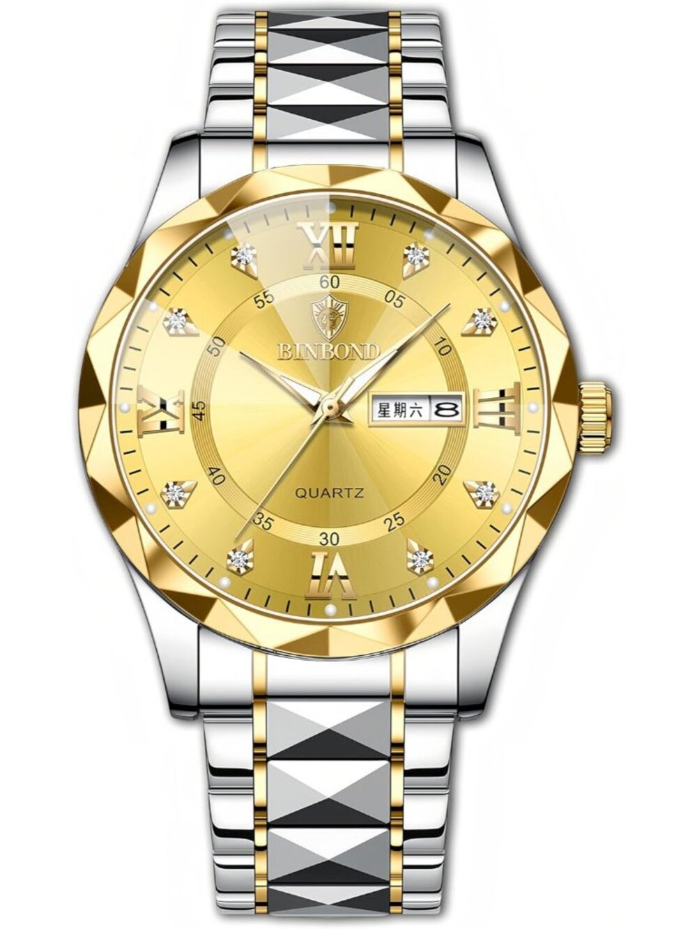 Men's Gold And Silver Analog Stainless Steel Roman Numeral Diamond Luxury Watch
